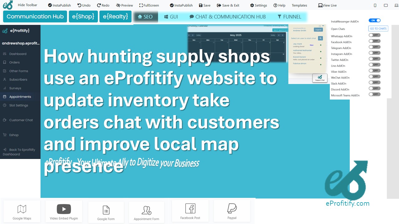 How hunting supply shops use an eProfitify website to update inventory take orders chat with customers and improve local map presence